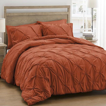UNIKOME King Size Comforter Set Burnt Orange - Ultra Soft Boho Pintuck Down Alternative Bedding Set for All Seasons, 3 Pieces Lightweight Warm Pinch Pleat Bed Set with Comforter, 2 Pillowcases