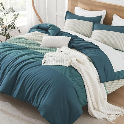 Litanika Comforter Set Full Size Dark Teal - 3 Pieces Lightweight Colorblock Stripe Fluffy Bedding Comforter Sets, All Season Bed Set