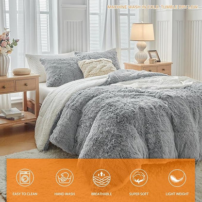 UOZZI BEDDING Gray Faux Fur Comforter Set King 3 Pieces - 1 Shaggy Comforter 104x90 and 2 Pillowcases, Ultra Soft and Easy Care Luxury Plush Super Warm Winter Shaggy Duvet Set