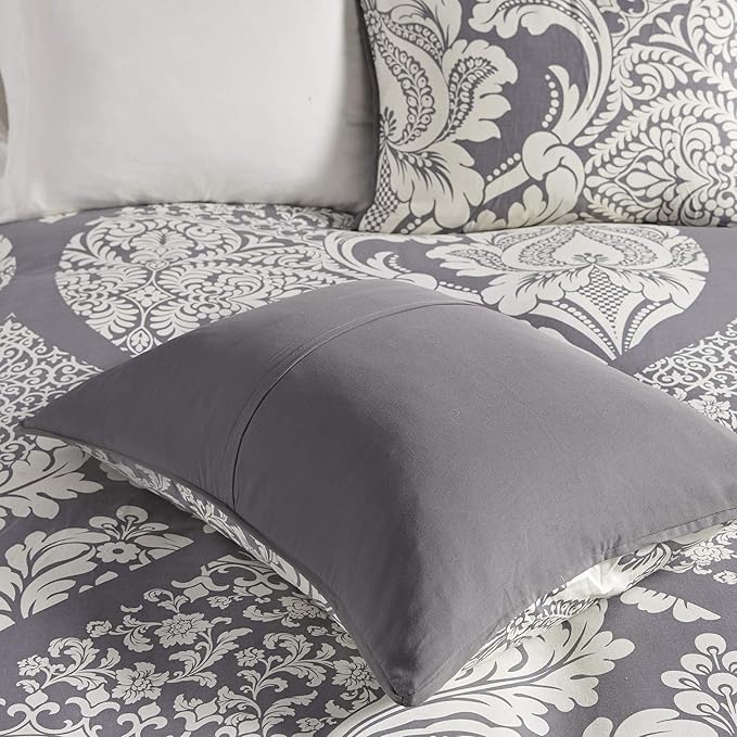 Madison Park Vienna Sateen Cotton Comforter Set, Breathable, Soft Cover, Trendy, All Season Down Alternative Cozy Bedding with Matching Shams, Queen, Grey 7 Piece