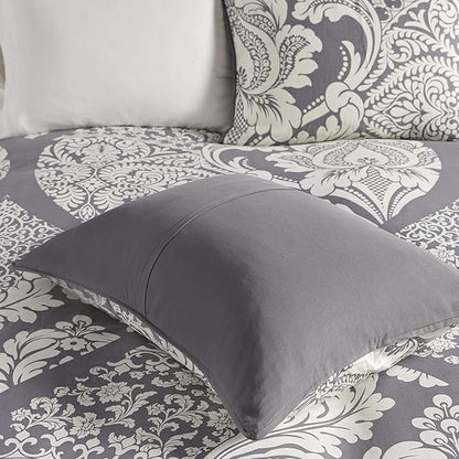 Madison Park Vienna Sateen Cotton Comforter Set, Breathable, Soft Cover, Trendy, All Season Down Alternative Cozy Bedding with Matching Shams, Queen, Grey 7 Piece