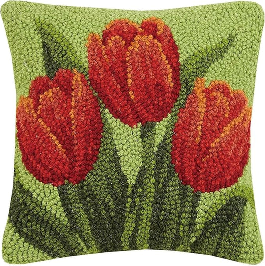 Peking Handicraft Red Tulips 10" Square Hooked Wool Throw Pillow with Polyfill Insert