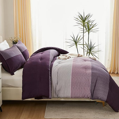 Litanika Purple Full Comforter Set, 3 Pieces Striped Bedding Set, Lightweight Soft All Season Down Alternative Comforter Set with Corner Loops (1 Gray&Purple Comforter, 2 Pillowcases)