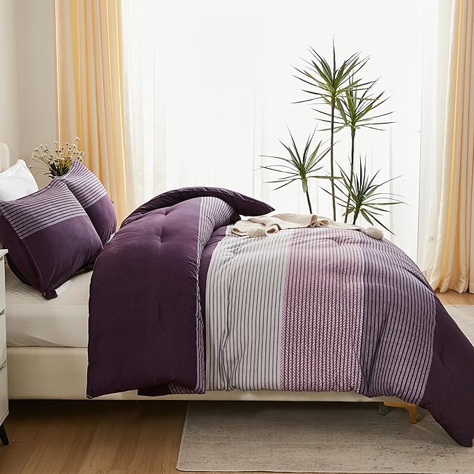 Litanika Purple Queen Comforter Set, 3 Pieces Striped Bedding Set, Lightweight Soft All Season Down Alternative Comforter Set (1 Gray&Purple Comforter, 2 Pillowcases)