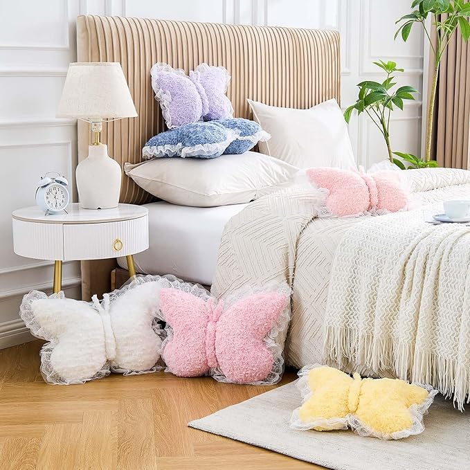Butterfly Pillow Dusty Blue Decorative Pillows 15" Butterfly Shaped Cute Throw Pillows with Lace Aesthetic Bow Plush Cushion for Room Decor Bed Sofa Couch