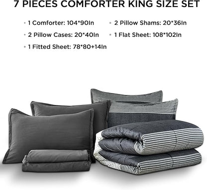 Andency King Size Comforter Set 7 Pieces - Black White Striped Bed in a Bag, Soft Microfiber Patchwork All Season Bedding Set with Comforter, Fitted & Flat Sheet, Pillowcases & Shams