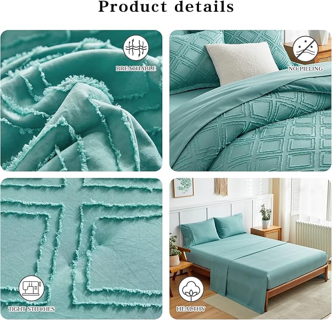 7 Pieces Tufted Bed in a Bag Queen Comforter Set with Sheets Green, Soft and Embroidery Shabby Chic Boho Bohemian, Luxury Solid Color with Diamond Pattern, Jacquard Tufts Bedding Set for All Season