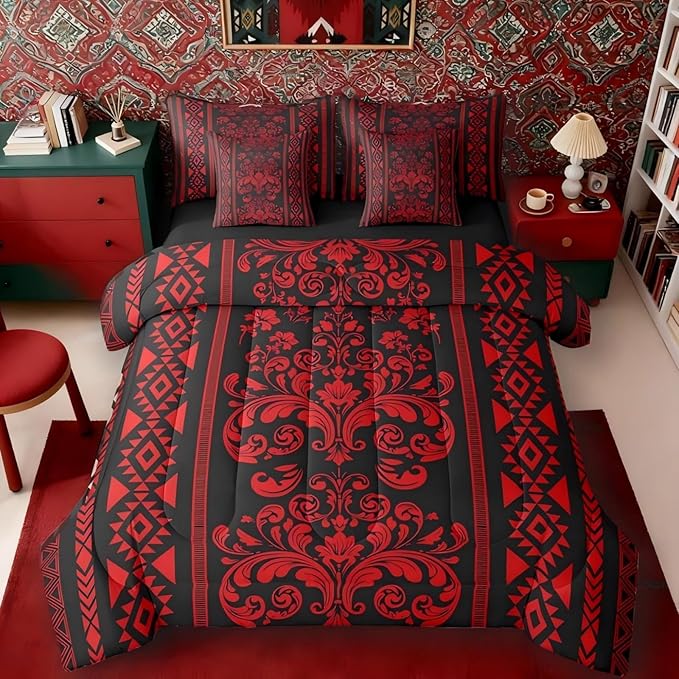 Comforter Set Twin Size, Red Aztec Damask 7 Pcs Bedding for Kids and Adults, Victorian Decor Western Baroque Goth Floral Bed Sheet Sets with Fitted Sheet 2 Pillowcases & 2 Shams for Bedroom Bed Decor