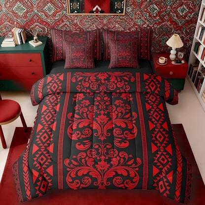 Comforter Set King Size, Red Aztec Damask 7 Pcs Bedding for Kids and Adults, Victorian Decor Western Baroque Goth Floral Bed Sheet Sets with Fitted Sheet 2 Pillowcases & 2 Shams for Bedroom Bed Decor