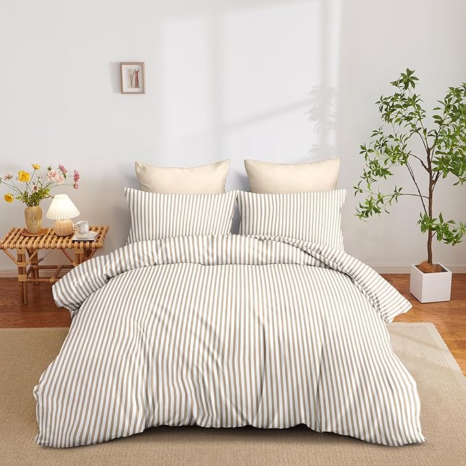 Nayoroom Striped Comforter Set Queen Size Brown Tan Stripe Comforter 3 Pieces Girls Soft Lightweight Pinstripe Dorm Bedding Set for All Seasons