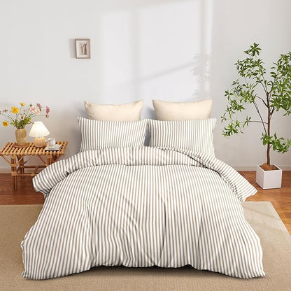 Nayoroom Striped Comforter Set Queen Size Brown Tan Stripe Comforter 3 Pieces Girls Soft Lightweight Pinstripe Dorm Bedding Set for All Seasons
