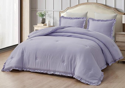 Chezmoi Collection Nora Lavender Comforter Set King Size 3-Piece Fluffy Soft Lightweight Bedding Ruffled Edge Trim Stone-Washed Microfiber Comforter Set for All Season