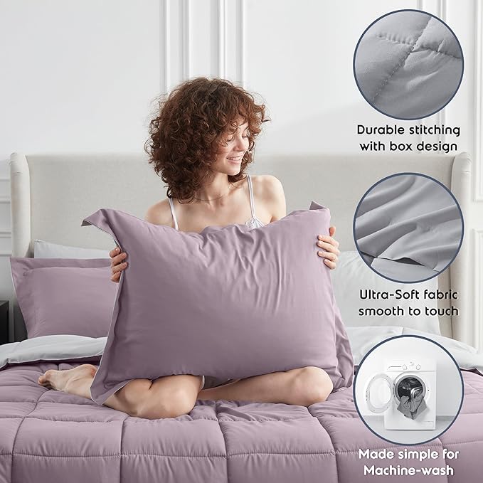 Nestl 7 Piece King Comforter Set – Dusty Purple Reversible Bed in a Bag – Complete King Size Bedding Set with Sheets, Pillowcases and Shams