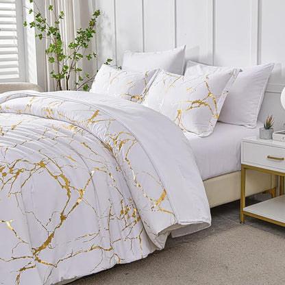 Yogeneg Gold Metallic Marble King Size Comforter Set,7 Piece Bed in a Bag,Foil Print Glitter White Comforter and Sheet Set,All Season Soft Microfiber Complete Bedding Sets(White,King)