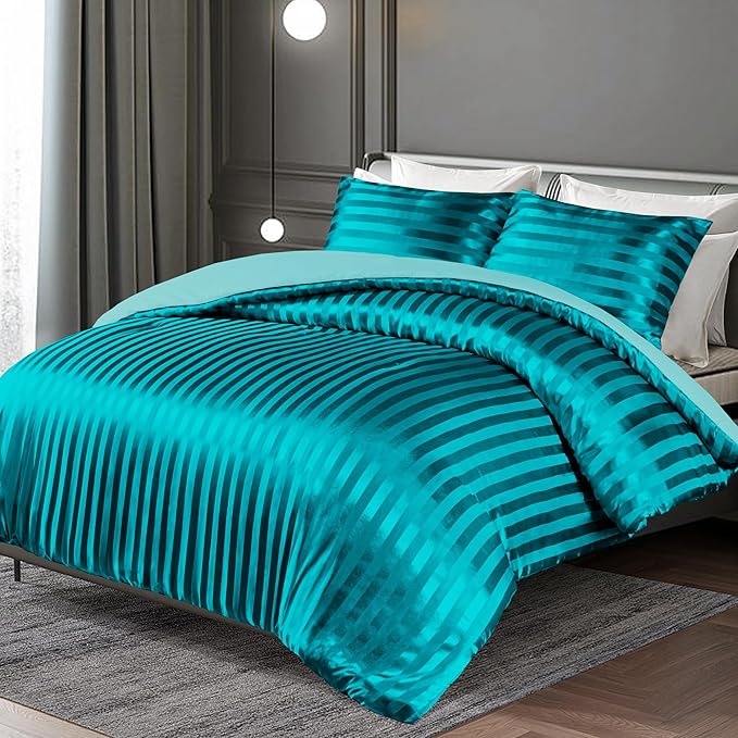 Whale Flotilla 3-Piece Reversible Silky Soft King Size Comforter Set, Luxury Stripe Satin Oversized Comforter Bedding Set with 2 Satin Pillowcases, Lightweight Duvet Set for All Seasons, Turquoise
