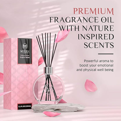 English Roses Scented Reed Diffuser Set with 8 Rattan Diffuser Sticks, 150 ml, All Natural Air Freshener, Long-Lasting Diffusers at Home - MyrrhUSA