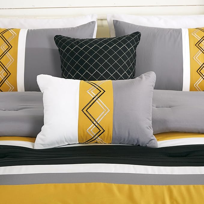 Chezmoi Collection Arden 7-Piece Modern Pleated Stripe Embroidered Zigzag Bedding Comforter Set (Oversized King, Turmeric/Black/Silver Gray/White)