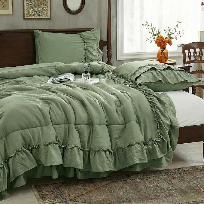 Bedding_Dreamer Sage Green Queen Size Comforter Set, 3-Piece Shabby Chic Ruffle Bedding, Soft Microfiber Boho Farmhouse Comforter for All Seasons