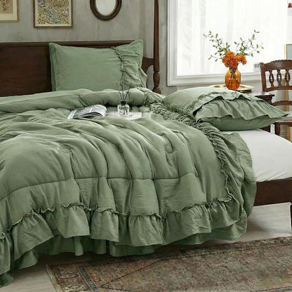 Bedding_Dreamer Sage Green Queen Size Comforter Set, 3-Piece Shabby Chic Ruffle Bedding, Soft Microfiber Boho Farmhouse Comforter for All Seasons