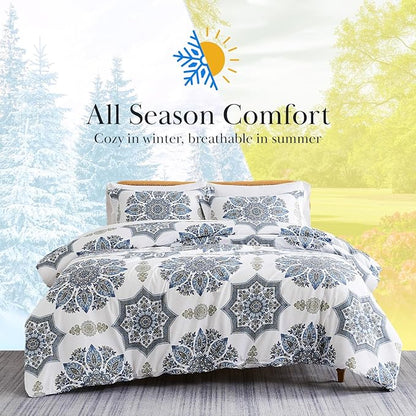 Southshore Fine Living, Inc. Oversized Comforter Full Size Set, Down Alternative Boho Bedding, Paisley Floral Print Bed Spread, Full Size/Queen with 2 Matching Shams, Blue on White