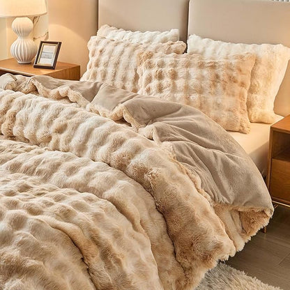 Queen Faux Rabbit Fur Comforter Set - 3 Pieces Fluffy Bedding Set Ultra Soft Warm Shaggy Winter Flannel Bed Set, Luxury Skin Friendly Sherpa Comforter Set & Pillow for Thanksgiving Tie Dye Coffee