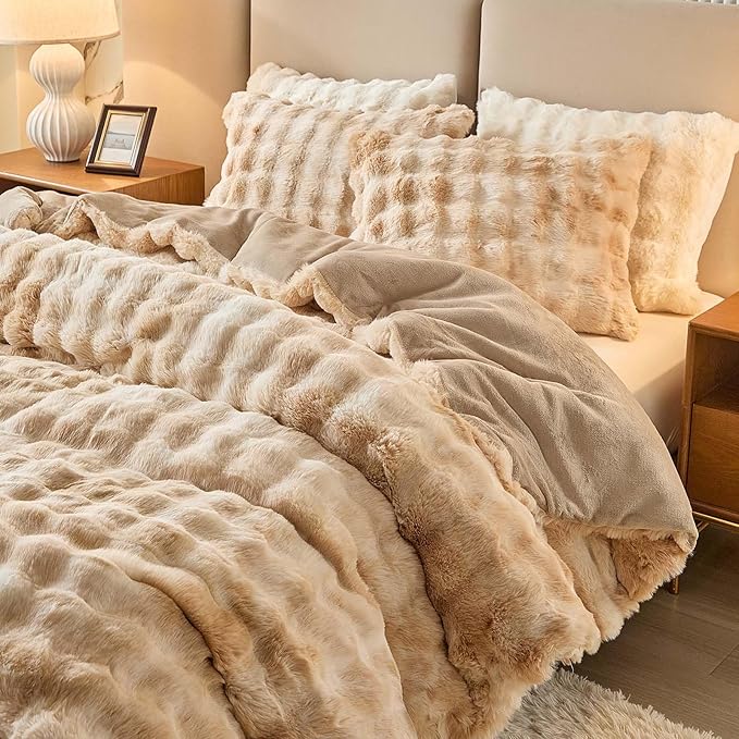 King Faux Rabbit Fur Comforter Set - 3 Pieces Fluffy Bedding Set Ultra Soft Warm Shaggy Winter Flannel Bed Set, Luxury Skin Friendly Sherpa Comforter Set & Pillow for Thanksgiving Tie Dye Coffee