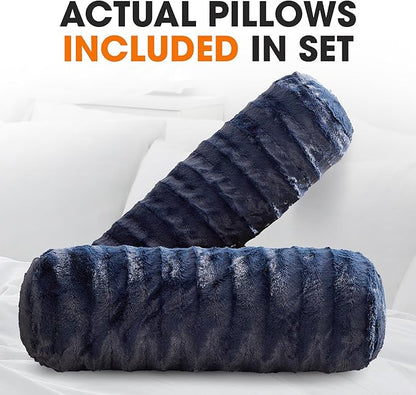 Cheer Collection Faux Fur Bolster Pillows – Soft Decorative Cylinder Pillows for Bed or Couch, Machine Washable – 8” x 24”, Set of 2, Blue