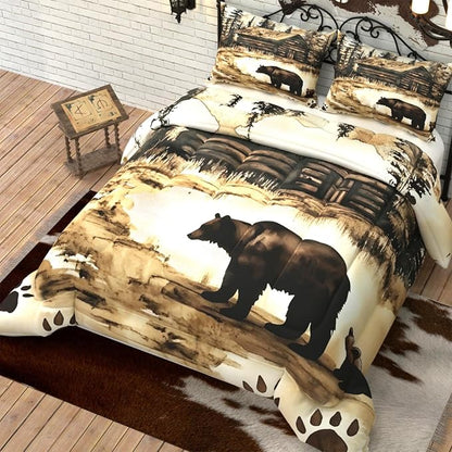 Bear Comforter Set, Cabin Theme Brown 3D Pattern for Kids Teens Adults,Decorative Bedding Comforter Sets with 2 Pillow Shams, King Size
