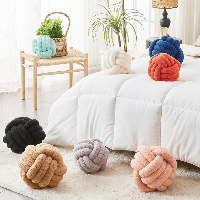 Decorative Throw Knot Pillow Ball for Home Chair Sofa Couch Bed Aesthetic Round Decor Pillows Lambswool Knotted Pillow Cushion (Ivory White, 13 inches)