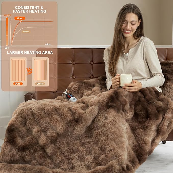 Faux Fur Heated Blanket Throw for Couch - 50"X60" Bubble Faux Fur Electric Blanket Fluffy Fuzzy Soft Thick with 6 Fast Heating Levels & 4 hrs Timer Settings, Washable & ETL Certified, Tie-Dye Brown