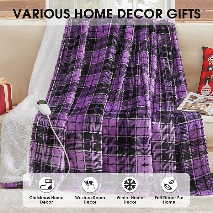Purple Heated Blanket Electric Throw, 50X60 Heating Throw with 10 Heating Levels & 8 Hours Auto Off, Purple Gifts Sherpa Blanket Warmer for Couch Bed Office, Gifts for Mom Women Grandma Home Decor