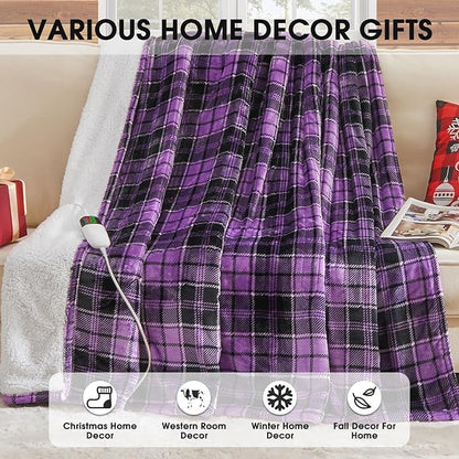Purple Heated Blanket Electric Throw, 50X60 Heating Throw with 10 Heating Levels & 8 Hours Auto Off, Purple Gifts Sherpa Blanket Warmer for Couch Bed Office, Gifts for Mom Women Grandma Home Decor