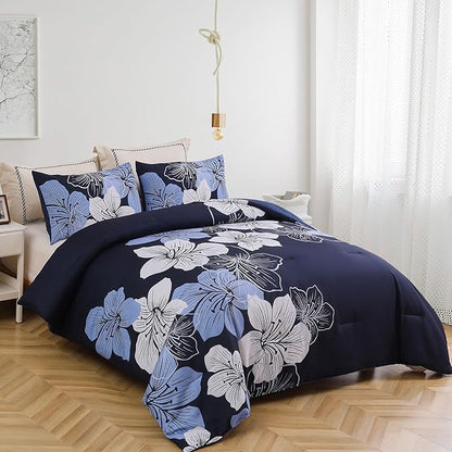 Menghomeus Full Comforter Set Navy Blue Floral Bedding Comforter Sets - Soft Microfiber Bed Comforter Set for All Season 3 Piece Botanical Flowers Comforter, Pillowcases