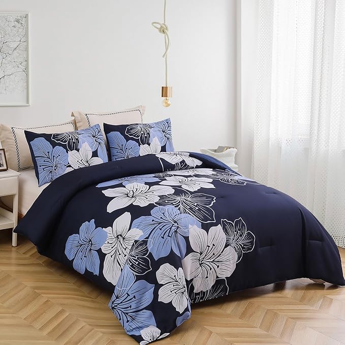 Menghomeus King Size Comforter Set Navy Blue Floral Bedding Comforter Sets - Soft Microfiber Bed Comforter Set for All Season, 3 Piece Botanical Flowers Comforter, Pillowcases