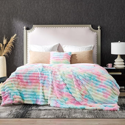 Cozy Bliss Faux Fur Throw Blanket for Couch, Cozy Warm Plush Striped Blanket for Sofa Bedroom Living Room, 90 * 90 InchesTie-dye Rainbow