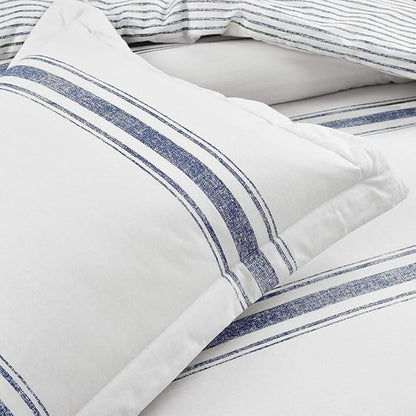 Lush Decor Farmhouse Stripe Reversible Cotton Comforter Set, 3 Piece Set, King, Navy - Cozy Farmhouse Bedding Set - Rustic Decor - Striped Comforter - Modern Farmhouse Bedroom Decor
