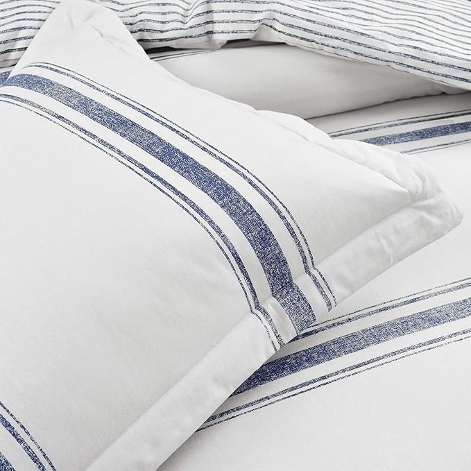 Lush Decor Farmhouse Stripe Reversible Cotton Comforter Set, 3 Piece Set, Full/ Queen, Navy - Cozy Farmhouse Bedding Set - Rustic Decor - Striped Comforter - Modern Farmhouse Bedroom Decor