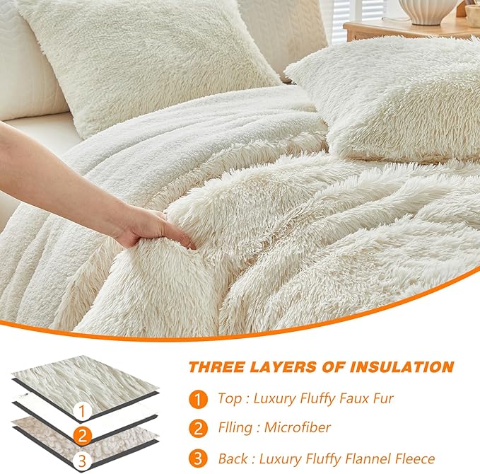 Faux Fur Shaggy Comforter Set Queen 3 Pieces - 1 Cream White Comforter Set with Sherpa and 2 Pillowcases, Ultra Soft and Easy Care Luxury Plush Shaggy Super Soft and Warm Beige Duvet Set