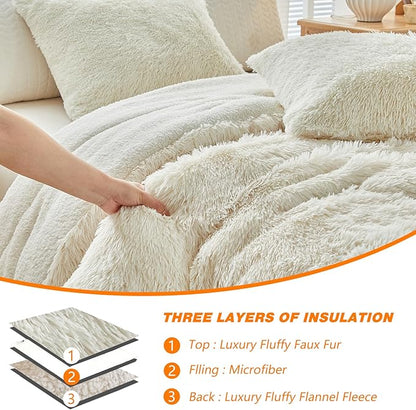 Faux Fur Shaggy Comforter Set Queen 3 Pieces - 1 Cream White Comforter Set with Sherpa and 2 Pillowcases, Ultra Soft and Easy Care Luxury Plush Shaggy Super Soft and Warm Beige Duvet Set