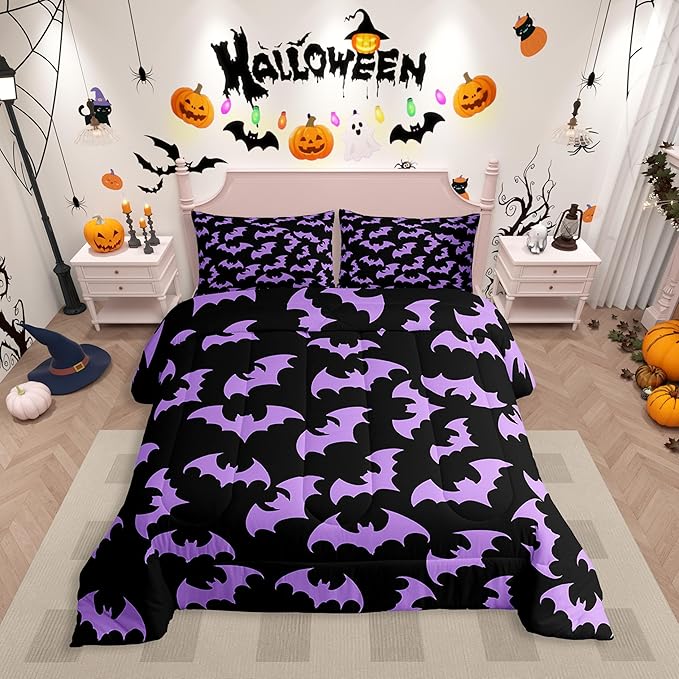 Erosebridal Purple Bat Toddler Comforter Halloween Bat Bedding Set Spooky Goth Gothic Animal Duvet Insert Horror Halloween Bed Sets for Kids Teens Adults