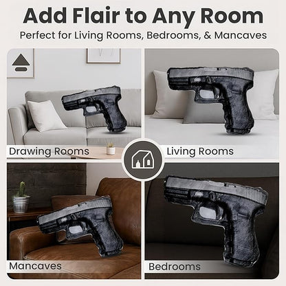 Caliber Gourmet Hug Soft Tactical Automatic Handgun Throw Pillow | Cotton Plush Stuffed Decorative Pillow with Soft Cushion, Men's Apartment Decor Aesthetic, Loved by Military Personnel, Veterans