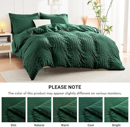 HYMOKEGE Emerald Green Twin Comforter Set Seersucker 5 Pieces, All Season Luxury Bed in a Bag for Bedroom, Bedding Set with Comforter, Sheets, Pillowcase & Sham