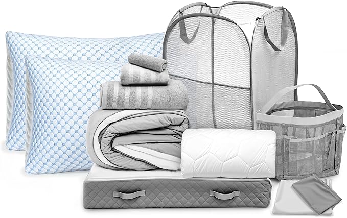 Hearth & Harbor Complete Dorm Room Set, Twin XL Comforter Set, Sheet Set, Pillows, Mattress Protector, Towels and Organizers - All Dorm Accessories Included