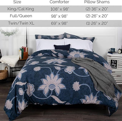Southshore Fine Living, Inc. Grand Floral Collection - Full/Queen Comforter Set, Premium Quality, All-Season Down Alternative, Easy Care, Oversized 3-Piece Comforter Set, Full/Queen, Blue