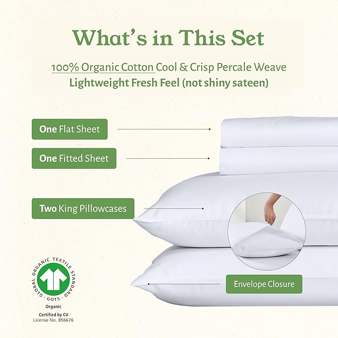 California Design Den King Size Sheets Set - Soft 100% Organic Cotton, Crisp Percale Sheets with Deep Pockets, Breathable and Durable Bedding Set - White