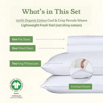 California Design Den King Size Sheets Set - Soft 100% Organic Cotton, Crisp Percale Sheets with Deep Pockets, Breathable and Durable Bedding Set - White