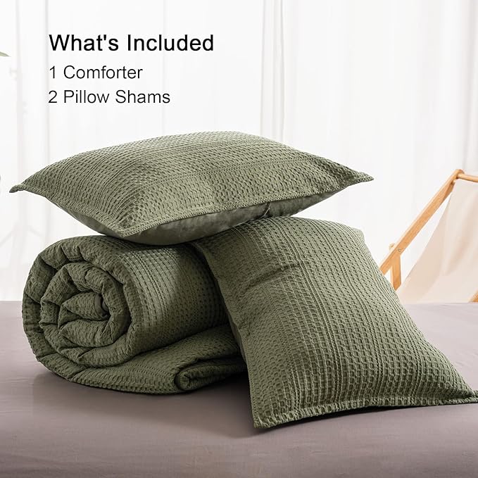 PHF Soft Waffle Comforter Set King Size- Comfy Breathable Waffle Weave Comforter with 2 Pillow Shams, 3 Pieces Less Snagging Lightweight Textured Bedding Set for All Season, Olive Green