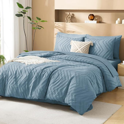 Litanika Grayish Blue Full Size Comforter Set with Sheets - 7 Pieces Bed in a Bag Full Chevron Tufted Complete Bedding Sets with Comforter, Sheets, Pillowcases & Shams