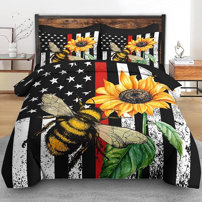 Comforter Set King Size, Honey Bee Vintage 7 Pcs Bedding for Kids and Adults, Sunflower Flower Sun Bed Sheet Sets with Fitted Sheet 2 Pillowcases & 2 Shams for Bedroom Bed Decor