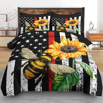 Comforter Set King Size, Honey Bee Vintage 7 Pcs Bedding for Kids and Adults, Sunflower Flower Sun Bed Sheet Sets with Fitted Sheet 2 Pillowcases & 2 Shams for Bedroom Bed Decor